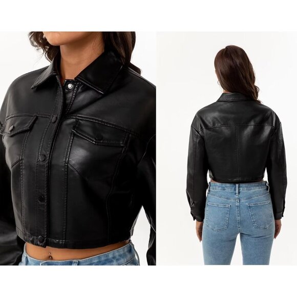 Women Black Cropped Moto Biker Short Comfortable Pu Faux Leather Fashion Jacket - Picture 7 of 7